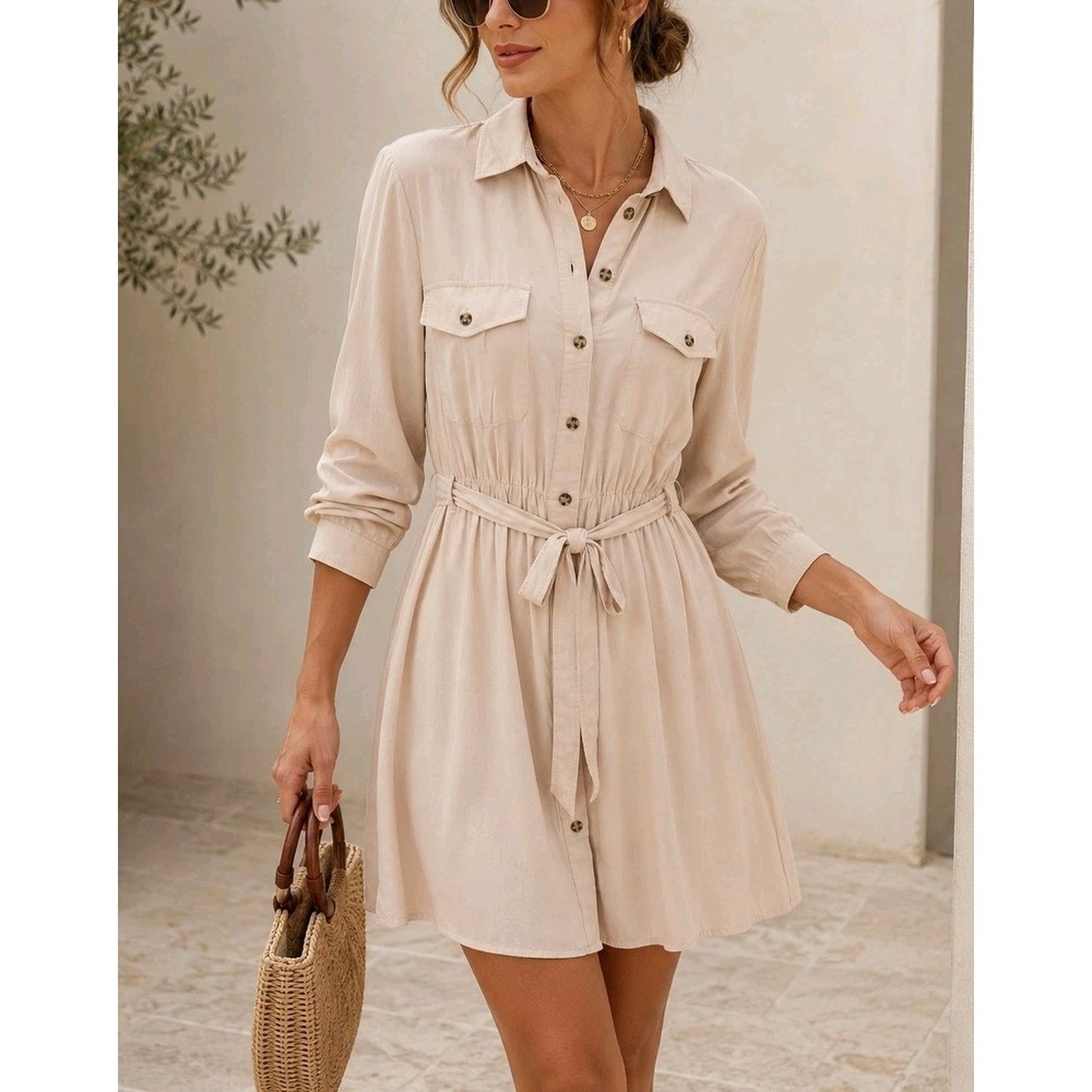 Esmara Shirt Dress US 12 Beige Button Front Belted Long Sleeve NWT Viscose